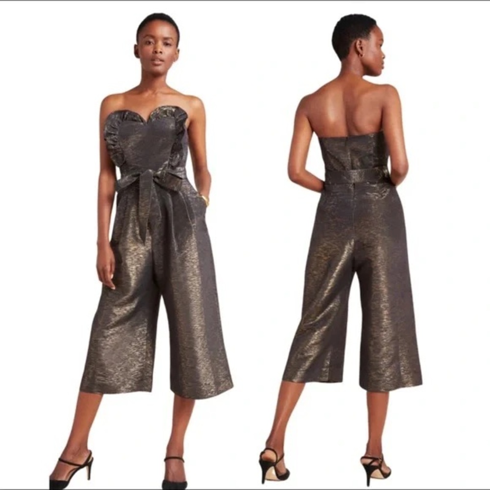 Anthropologie Corey Lynn Black and Gold Metallic Sweetheart Jumpsuit Sz. 6 NWT